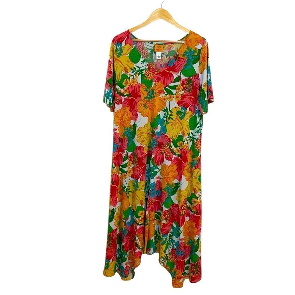 Ruby Rd Woman Tropical Dress, waterfall hem line, Hawaiian, 1X
